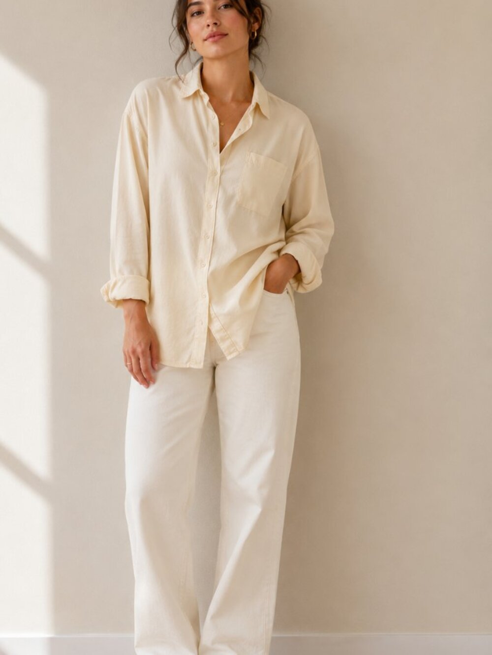Myra Bag Cream Casual Button-Down Shirt with Chest Pocket